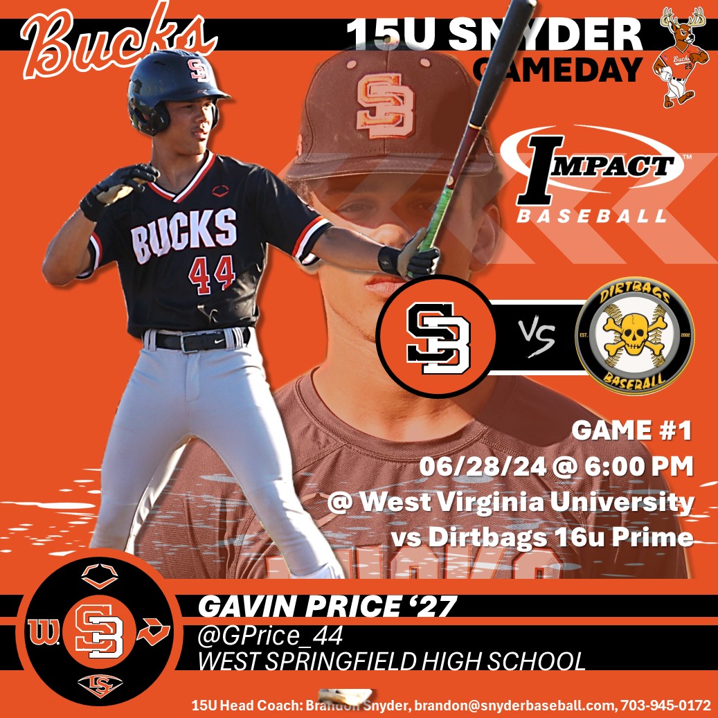 SnyderBaseball's tweet photo. SNYDER BUCKS 15U SNYDER Game 1.
Game #1 at the @IMPACTBASEBALL_ WVU Showcase starts at 6:00 PM for Team Snyder at WVU. 
'26 Connor Armstrong @C_arm1 @G_villeBaseball gets the pearl for game 1. 
Good Luck BUCKS!!!
🦌⚾️🦌 https://t.co/3u64grinnb