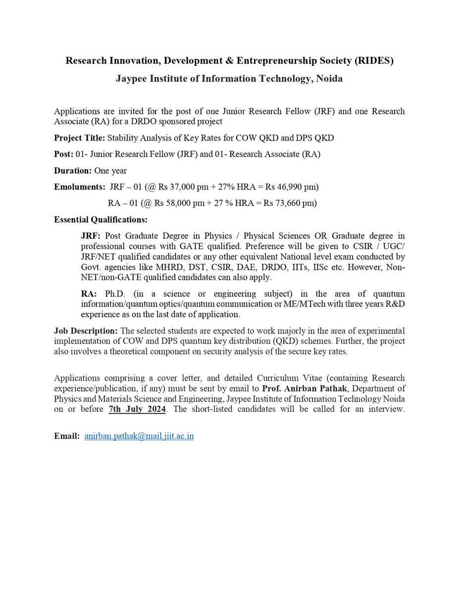Anirban Pathak (@anirbanpathak) on Twitter photo We are looking for a JRF and an RA to work on an exciting project related to #quantum #cryptography. Interested candidates may apply by sending an email with a detailed CV to anirban.pathak@mail.jiit.ac.in more information can be found at jiit.ac.in/career-openings We are looking for a JRF and an RA to work on an exciting project related to #quantum #cryptography. Interested candidates may apply by sending an email with a detailed CV to anirban.pathak@mail.jiit.ac.in more information can be found at jiit.ac.in/career-openings