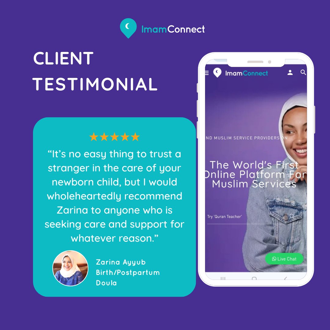 ImamConnect's tweet image. Client feedback on Zarina Ayyub, a Certified Breastfeeding Counsellor, Birth/Postpartum Doula, and Childcare Professional on ImamConnect. Click the link now to visit her profile: tinyurl.com/2abja2t4

#birthdoula #imamconnect