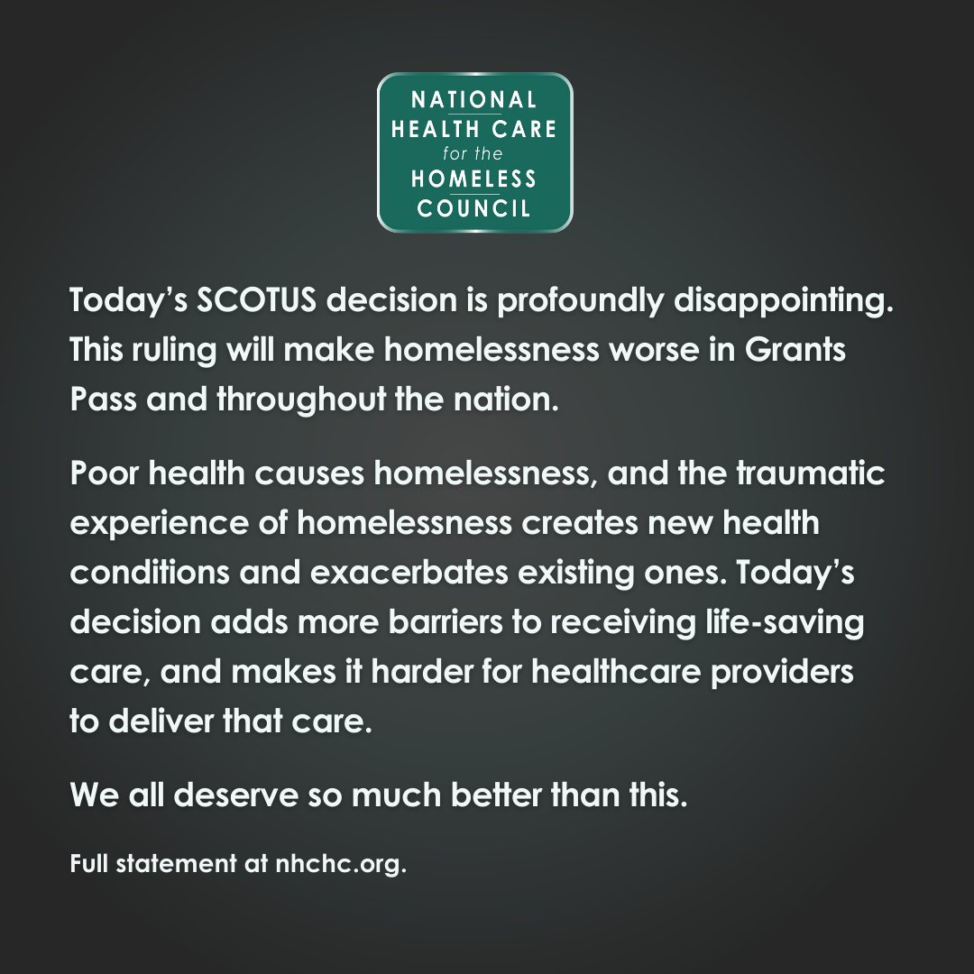 Today's #SCOTUS decision is inhumane and will make #homelessness worse across the nation. And the brunt of this ruling will  fall on unhoused Black, Brown, and Indigenous people. Read our full statement here:
nhchc.org/supreme-court-…