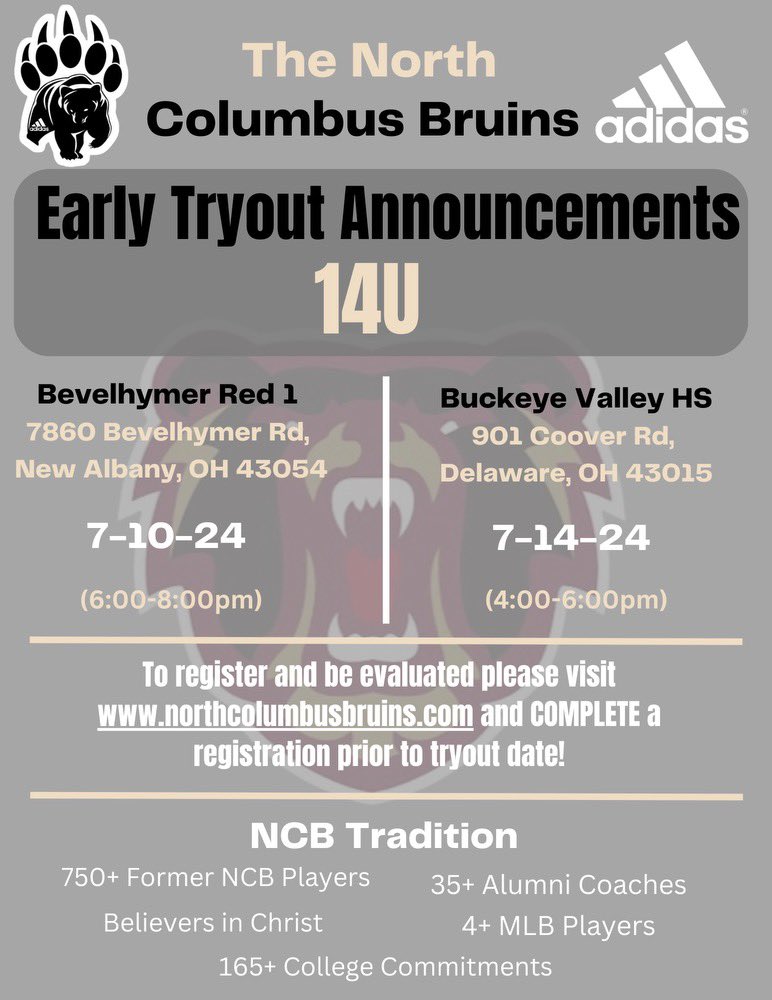 North Columbus Bruins (@nc_brucrew) on Twitter photo 🚨TRYOUT ALERT🚨 North columbus bruins 🐻 is hosting tryouts for our new 14u team. Looking to add guys to a fantastic core that we already have! Sign up for our tryout on our website (link is in our bio) <a href="/ncbruins/">NCBRUINS BASEBALL</a>
#BruCrew #Ourway 🚨TRYOUT ALERT🚨 North columbus bruins 🐻 is hosting tryouts for our new 14u team. Looking to add guys to a fantastic core that we already have! Sign up for our tryout on our website (link is in our bio) <a href="/ncbruins/">NCBRUINS BASEBALL</a>
#BruCrew #Ourway