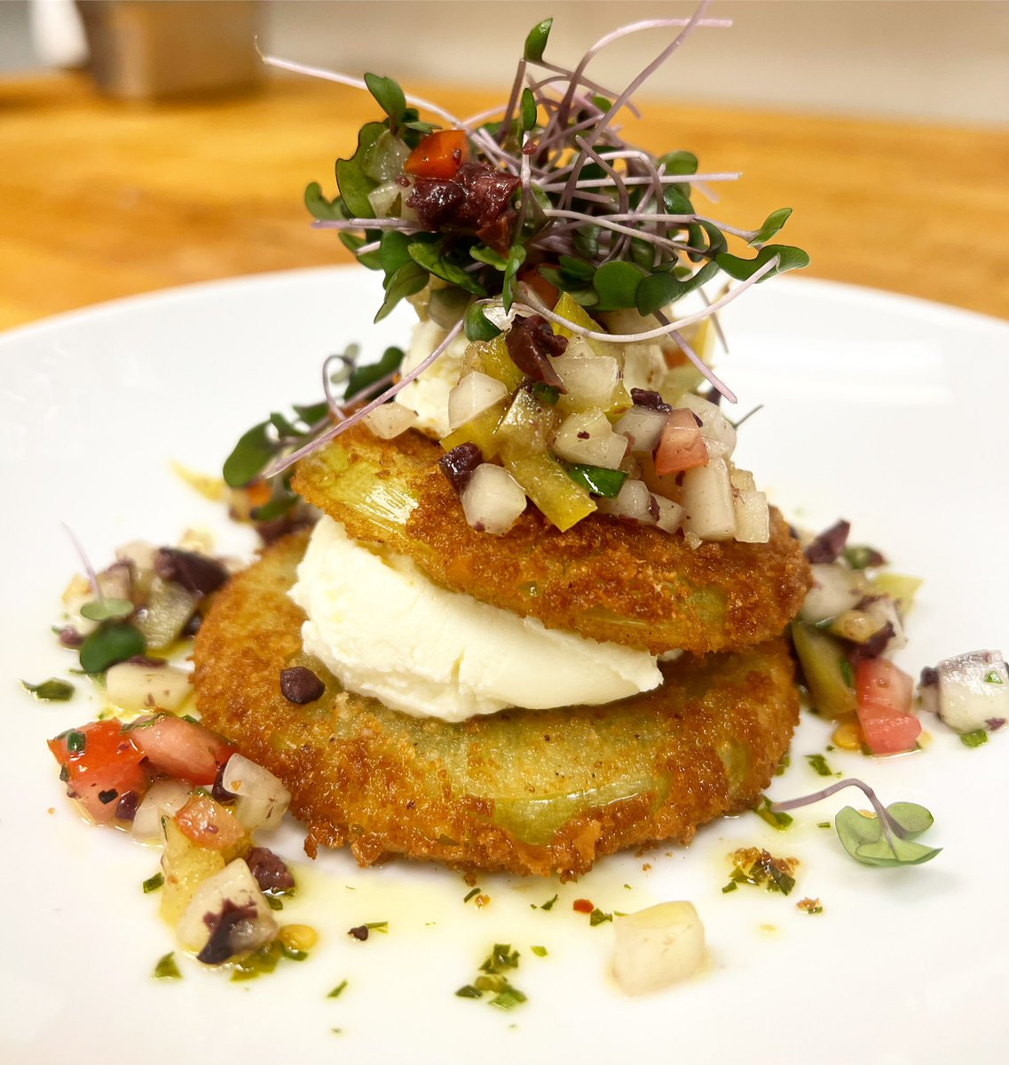New addition to the dinner menu! Fried green tomatoes! #farmtotable #dsm #localfarmglobalflavor #catchdsm <a href="/eastvillagedsm/">Historic East Village</a> @strawhatfarmsofmarioncounty 
.
Reservation at hoqtable.com or call 515- 244-1213