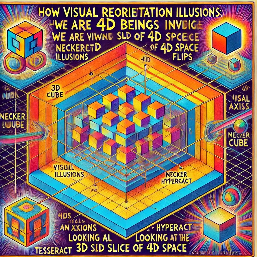 VRIs_Hugh's tweet photo. I asked #ChatGPT4o to create an image to help summarize the idea that we may be made up of 4 spatial dimensions in 4D space, with Necker cube-like VRIs being the way that we experience this extra perpendicular space. #VRIs #4D https://t.co/w5mEiBej3D