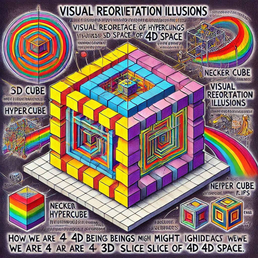 VRIs_Hugh's tweet photo. I asked #ChatGPT4o to create an image to help summarize the idea that we may be made up of 4 spatial dimensions in 4D space, with Necker cube-like VRIs being the way that we experience this extra perpendicular space. #VRIs #4D https://t.co/w5mEiBej3D