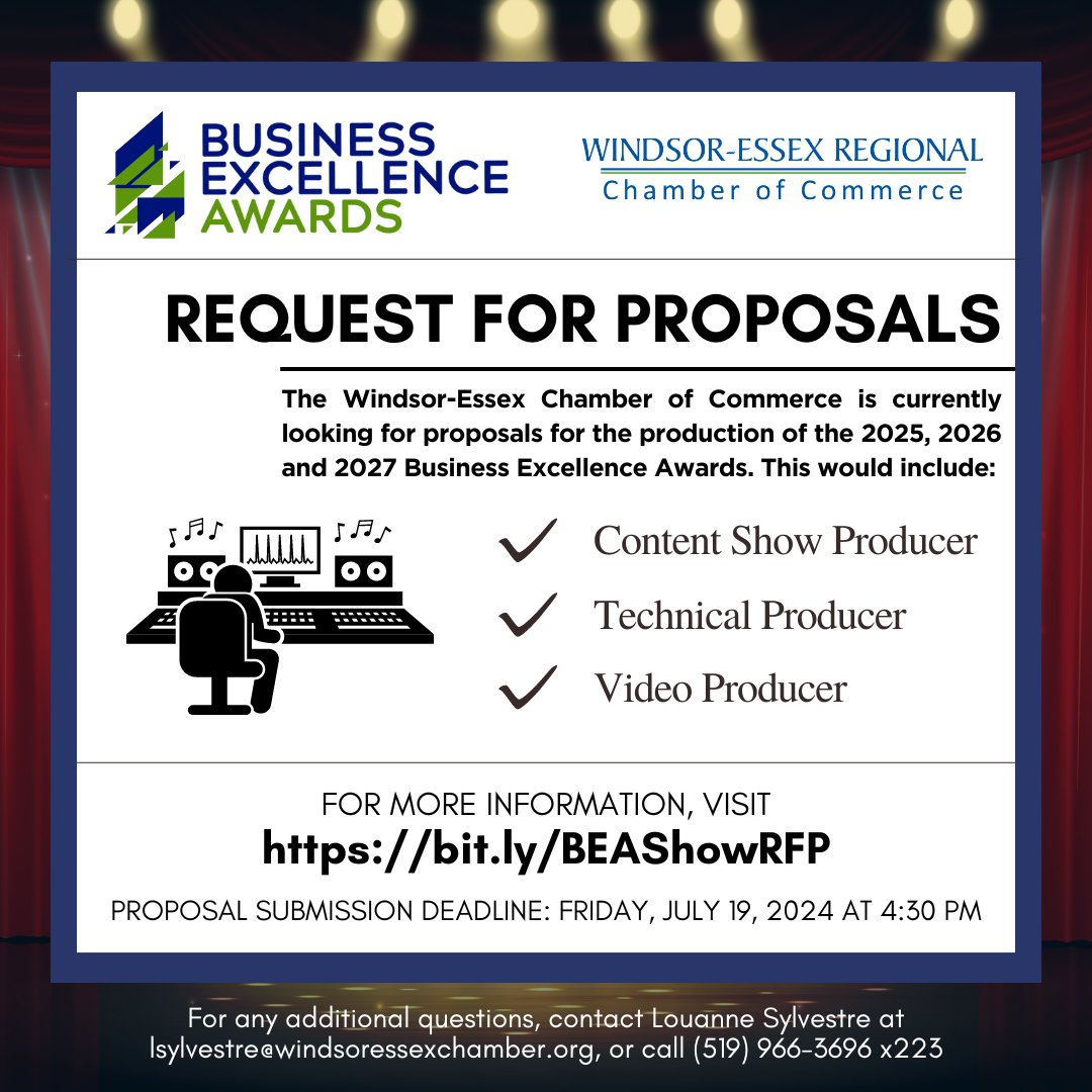 Do YOU have what it takes to produce the <a href="/WERCofC/">Windsor Essex Chamber of Commerce</a>'s Business Excellence Awards?

The Chamber is accepting proposals for a show producer for the 2025, 2026, and 2027 BEA. If interested, please visit bit.ly/BEAShowRFP for more info.

#BEA #WindsorBusiness #Producer #RFP