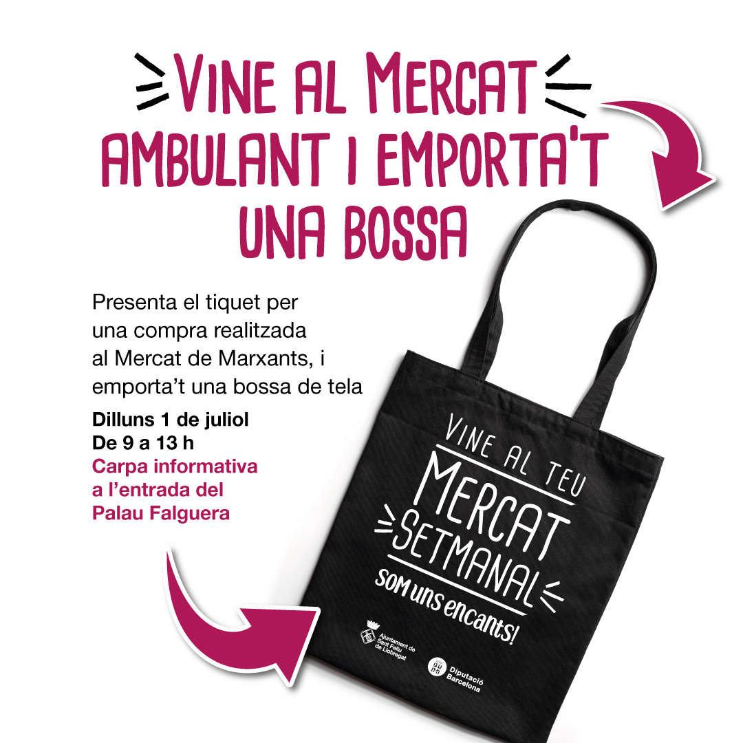 Fes la teva compra i redueix l'impacte mediambiental!

Com pots fer-ho?

🛍️Fes una compra al Mercat Municipal.
🏰 Passa per la porta del Palau Falguera entre les 9 h i les 13 h.
👜 Mostra el tiquet i rep una bossa de tela GRATIS!