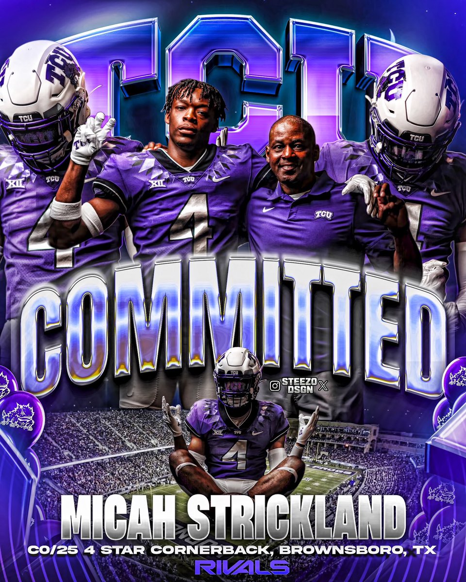 BREAKING: CO/25 4 ⭐️ CB Micah Strickland ( <a href="/M1cahStrickand/">Micah Strickland⭐️</a> ) has committed to TCU he tells me. 
-
Strickland is a 6’1 ( 185 LBS ) CB out of Brownsboro, TX. He chose TCU over Houston, Texas Tech and Michigan. 
-
Welcome him home!! 🐸