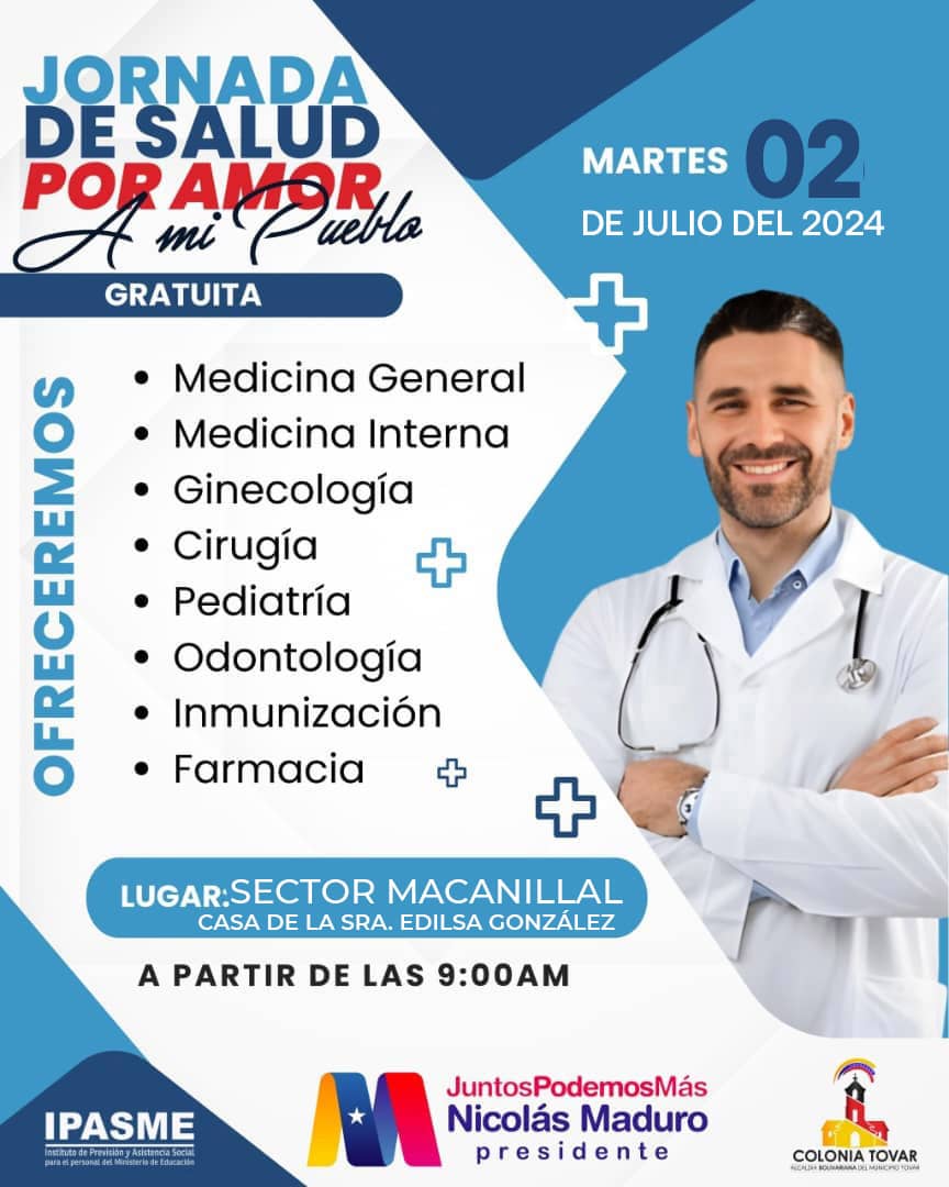 Martes 2 de julio.

Jornada de Salud por amor a mi pueblo ! ☺️ 

<a href="/NicolasMaduro/">Nicolás Maduro</a> 
<a href="/Soykarinacarpio/">Karina Carpio</a> 
<a href="/DarwinCaceresL/">Darwin Caceres</a> 

#Tovar #Aragua