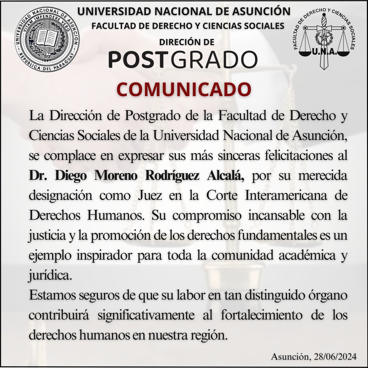 ¡Felicitamos al Prof. Dr. Diego Moreno, distinguido docente de Postgrado de nuestra institución, quien ha sido elegido como miembro de la Corte Interamericana de Derechos Humanos (CIDH) por la Asamblea General de la Organización de los Estados Americanos (OEA)!