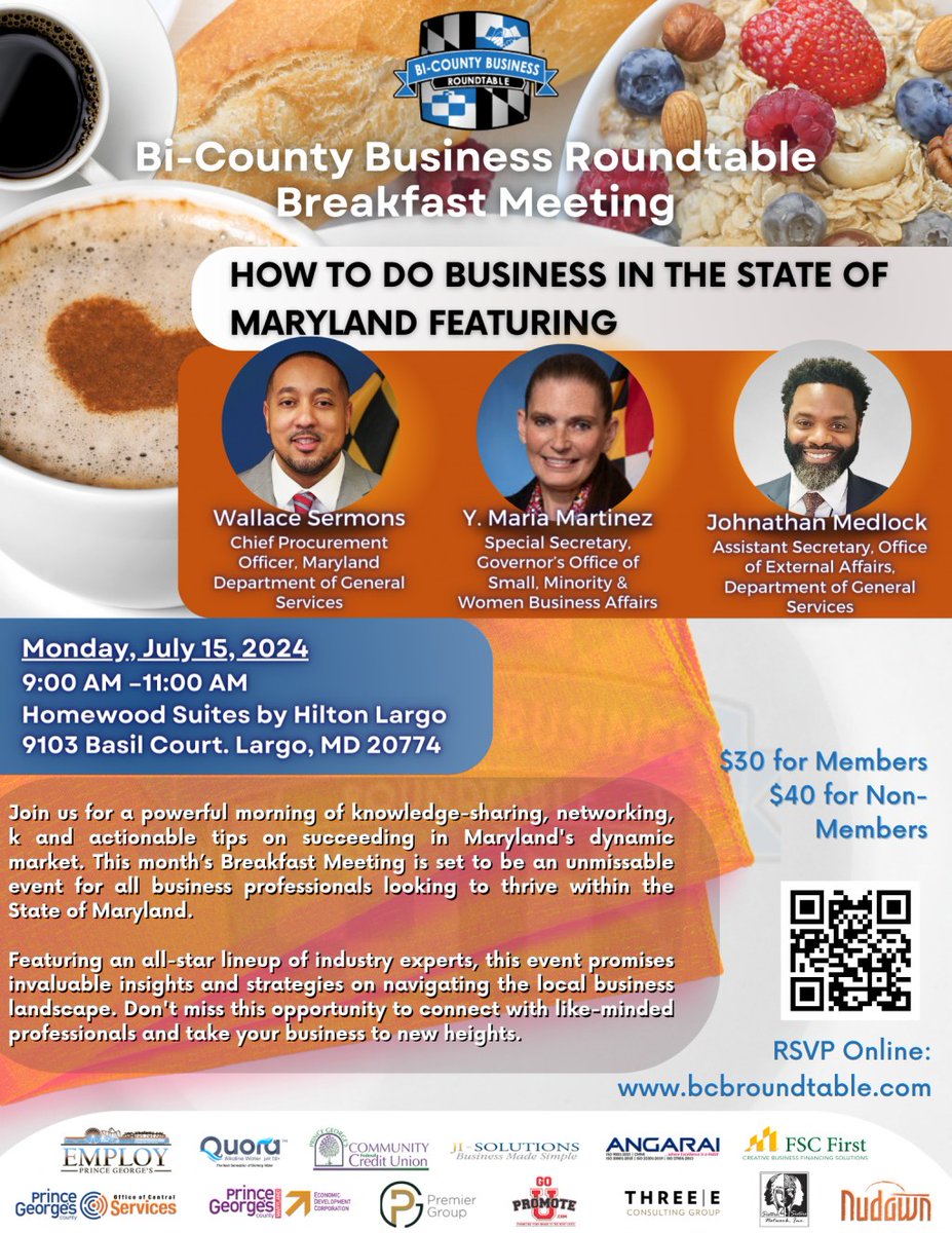 Register for the Bi-County Business Roundtable's Breakfast Meeting on July 15th from 9-11 AM to receive invaluable insights and strategies on navigating the local business landscape. Go to bcbroundtable.com/events/#!event… for more information.