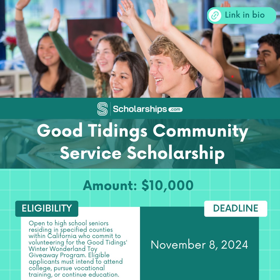 🌟✨ Make a difference with the Good Tidings Community Service Scholarship! 🌟 This scholarship rewards students who are dedicated to serving their communities.  🚀 #GoodTidingsScholarship #CommunityService #MakingADifference #ScholarshipOpportunities