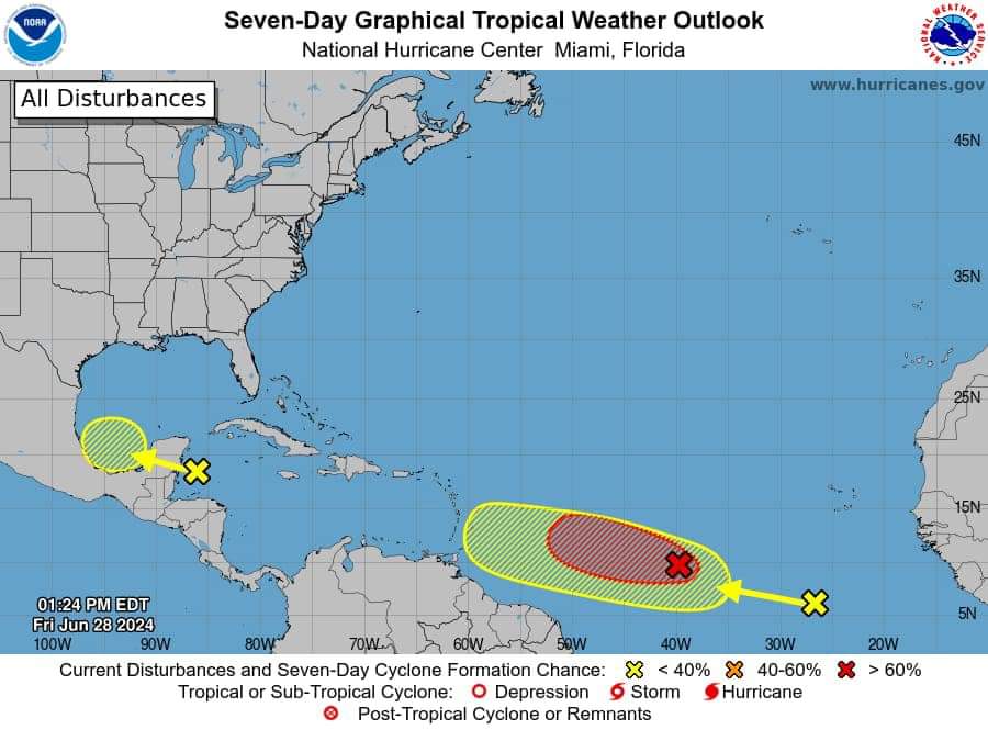 PCivilCancun's tweet image. ⚠️ Zonas en Vigilancia.                 28-06-24
12:00 h (Centro)                      
13:00 h (Península)

Con base a la información emitida por el Centro Nacional de Huracanes de Miami, Florida, Estados Unidos, y difundida por el Servicio Meteorológico Nacional sobre el 
1/5