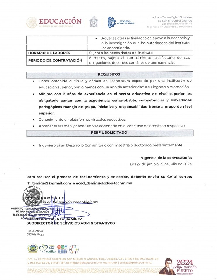 El Tecnológico Nacional de México - San Miguel el Grande, convoca a los profesionistas interesados en participar en la convocatoria de Personal Docente de Profesor Asignatura “A” por contrato de tiempo determinado.

#TodosSomosTecNM
#ComunidadTecNMITSMIGRA
#TecNMSanMiguelelGrande