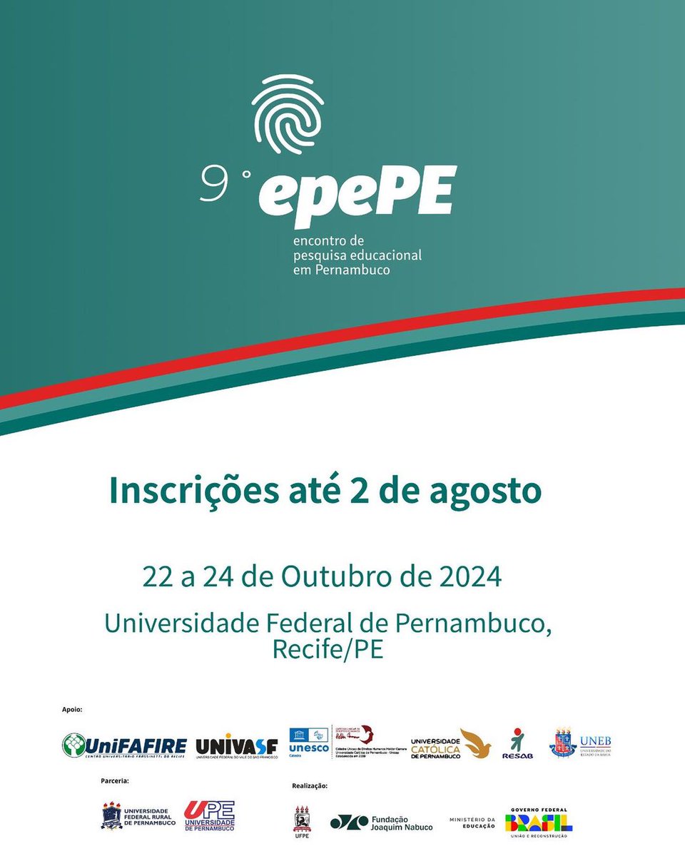 📚 A Fundação Joaquim Nabuco (Fundaj) e a Universidade Federal de Pernambuco (UFPE) anunciam que as inscrições e submissões de trabalhos para o 9º Encontro de Pesquisa Educacional em Pernambuco (epePE) estarão abertas entre 1º de julho e 2 de agosto de 2024.