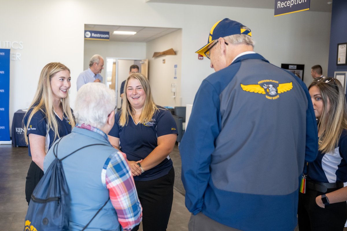 Photo of the Week: Welcome home, Flying Flashes! Students, faculty, staff and members of the campus community celebrated the victorious Kent State flight team as they returned from their third consecutive win of the annual Air Race Classic. bit.ly/3xhjUAg