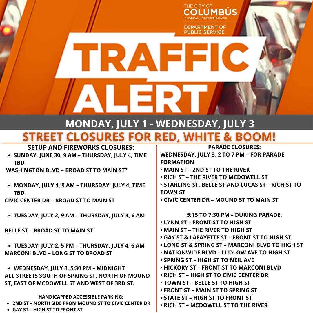 ColumbusDPS's tweet photo. Check out the street closures for Red, White & Boom! on July 3. For detailed info, see the attached image. #RedWhiteBoom #StreetClosures https://t.co/BkbvhtsOf8