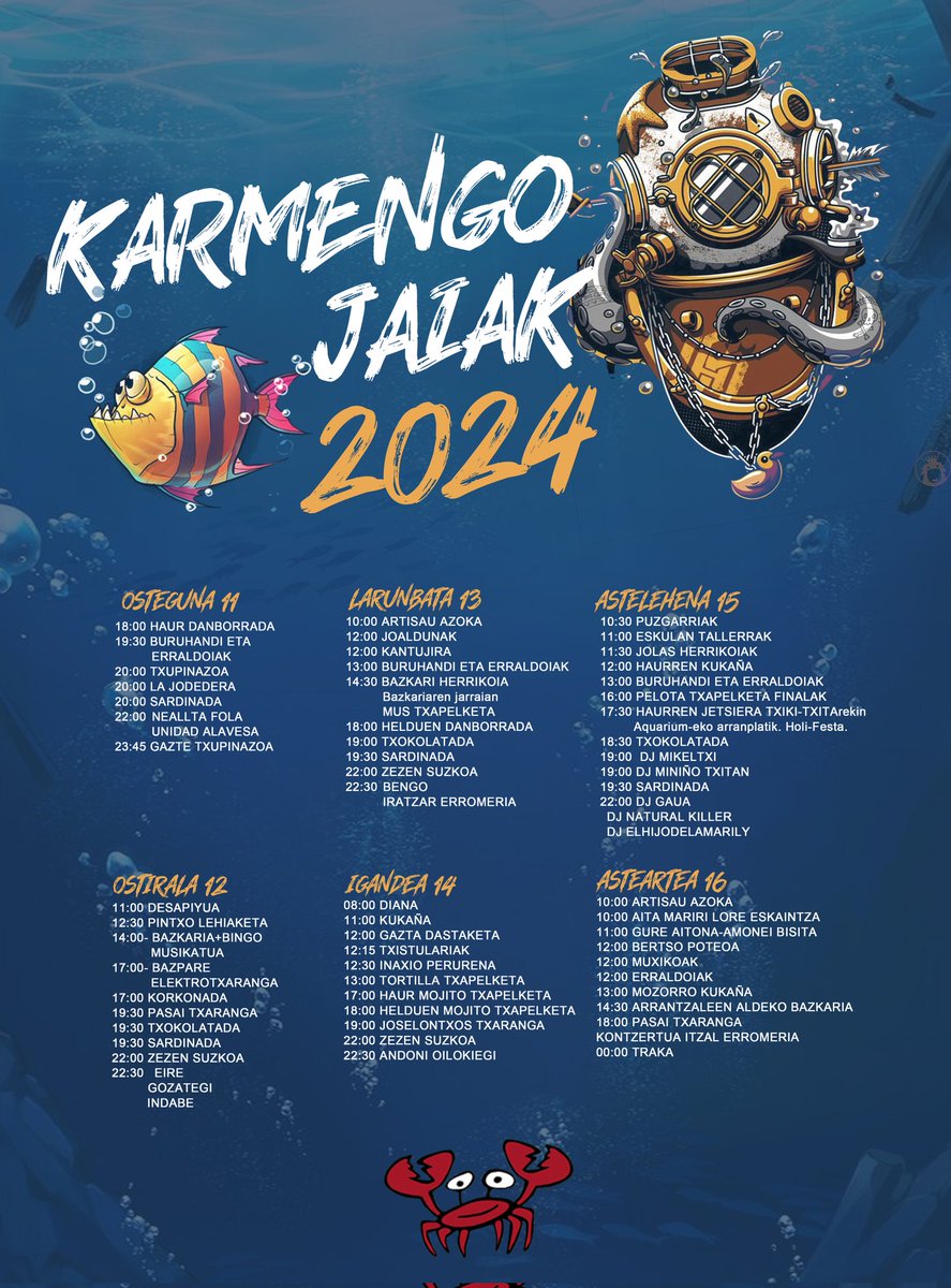 Kaixo karramarro!

Hainbeste itxaron ondoren hemen dugu jaietako egitarau puska! 6 egunetako egitaraua antolatu dugu. Parte hartzera gonbidatzen zaituztegu gurekin batera! 

Gogoratu ez dela inolako erasorik onartuko!

Gora karmengo jaiak!🦀🦀🦀