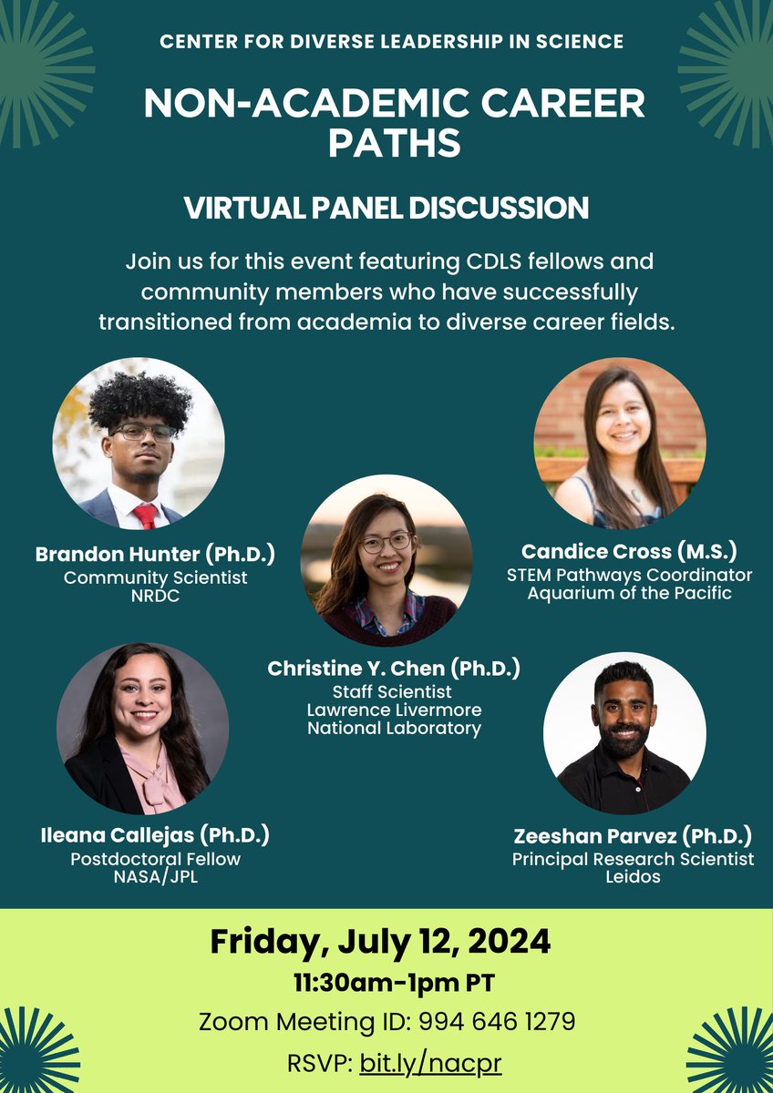 We are excited to invite you to a virtual panel discussion on exploring non-academic career paths. 

When: July 12, 2024 - 11:30am-1pm PT
Zoom Meeting ID: 994 646 1279
Webpage: bit.ly/nacpaths