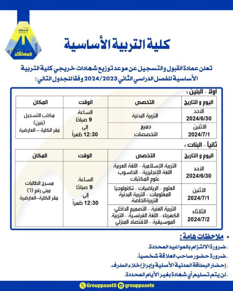 -

-
إعلان هام ‼️ 

مواعيد توزيع شهادات خريجي الفصل الدراسي الثاني 2024/2023 💛💙🔻

drive.google.com/file/d/1mNvXeR…

#paaet
#التطبيقي
#بعزائمنا_سيكتب_نصر_المستقلة 💛💙