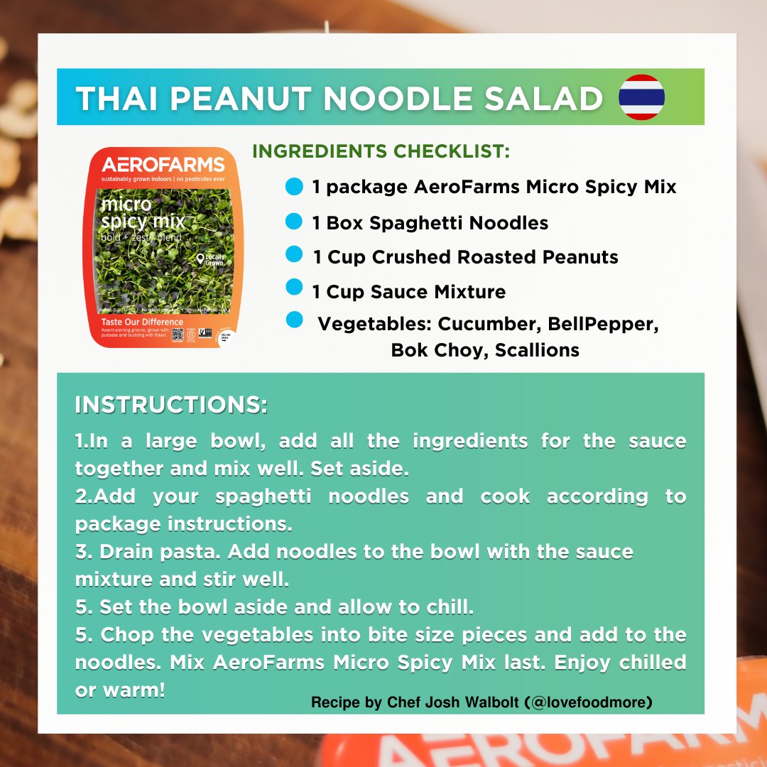 AeroFarms's tweet photo. A taste of Thailand! 🍜
Introducing AeroFarms' #PeanutNoodleSalad featuring our Micro Spicy Mix! Enjoy the rich flavors of #ThaiCuisine, where creamy peanut sauce meets the bold kick of our spicy microgreens.🌱

#TasteofThailand #Microgreens #Noodles #EasyDinner #FlavorSpectrum https://t.co/sdVDWHPTxD