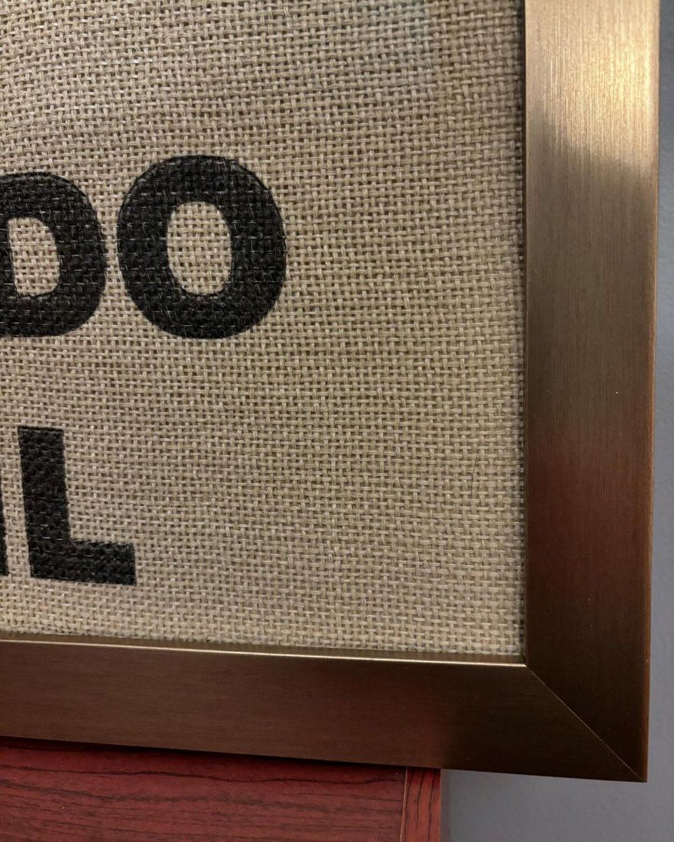 truvueglazing's tweet image. &quot;A client recently renovated their kitchen and needed some new artwork. Luckily, they’re also a huge coffee fan and had this fantastic burlap coffee bag that they wanted to display. Decor Brushed Bronze with #TruVue® #UltraVue® UV70 Glass.&quot; –Thrift Store Custom Framing