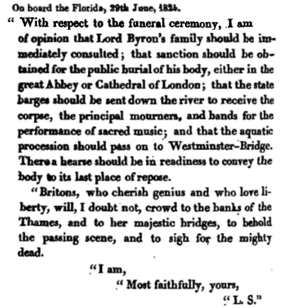 JedPumblechook's tweet photo. The 'Florida', carrying Byron's remains, arrives in the Downs this day in 1824. Col. Leicester Stanhope writes to Hobhouse and Kinnaird regarding Byron's funeral arrangements. https://t.co/62IwRTNzsM