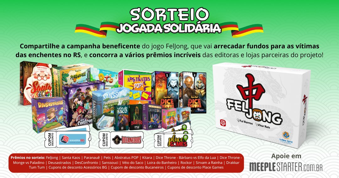 Ajude a divulgar a campanha beneficente do jogo Feljong, que está arrecadando fundos para ajudar famílias vítimas das enchentes no RS, e ainda concorra a vários jogos de tabuleiro e descontos!❤️🎲

Saiba mais em: meeplestarter.com.br/feljong