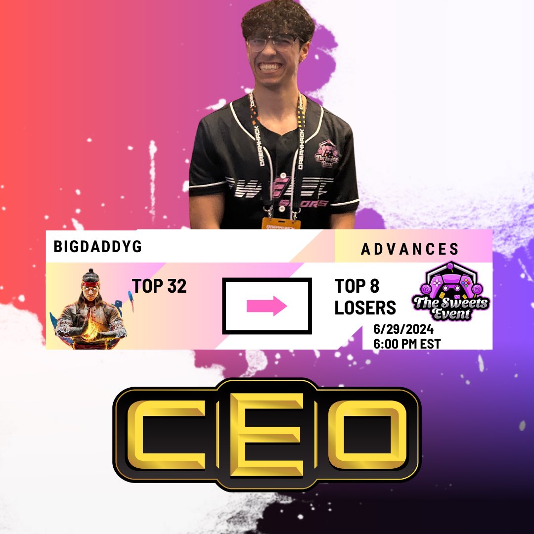TheSweetsEvent's tweet photo. BigDaddyG advances to the Top 8 Losers at CEO! Catch the action at 6:00 PM EST on 6/29/2024. Let's go! ๐ฎ๐ฅ #CEO2024 #TheSweetsEvent #Esports #FGC @imBigDaddyG https://t.co/YoiXNDtGKN