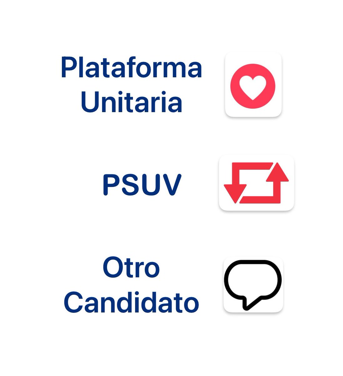 ⚠️ ENCUESTA FINAL ⚠️
(VERSIÓN 2)

A un mes de las elecciones presidenciales, ¿por quién votarás el 28 de julio?

*️⃣ Plataforma Unitaria (Like)

*️⃣ PSUV (Repost)

*️⃣ Otro Candidato (deja un Comentario)

NOTA: la encuesta culmina el 25 de julio.

👇🏼👇🏼👇🏼👇🏼👇🏼