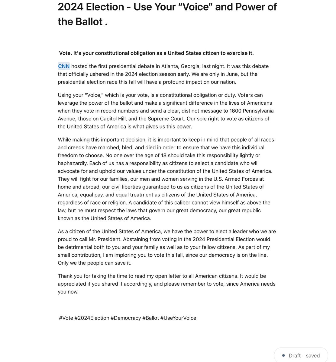Hello <a href="/X/">X</a> Family.  I wanted to share my article. Comments welcome. “Vote. It's your constitutional obligation as a United States citizen to exercise it. “ #vote #2024Election #Democracy #Ballot #UseYourVoice