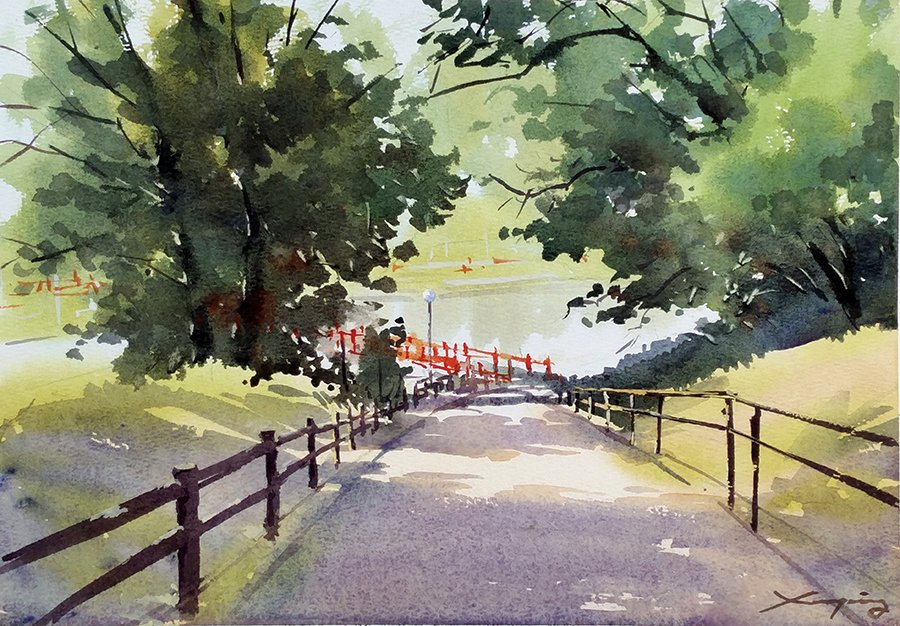 天王寺公園の小径から池へ〜 大阪個展デモ。 #水彩画 #watercolor