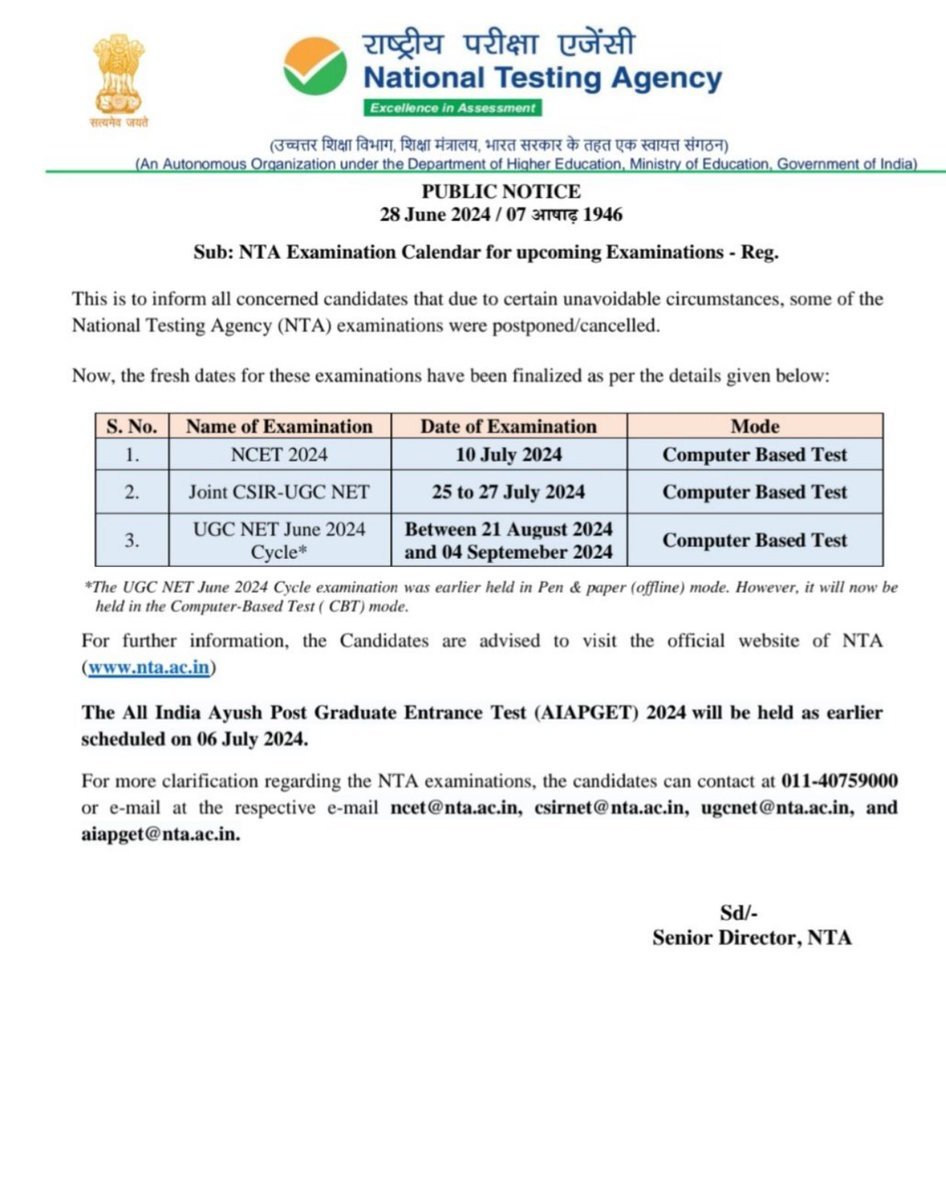 DDNewslive's tweet image. National Testing Agency (NTA) announces new dates for  exams that were postponed earlier 

NCET 2024 exam to be conducted on July 10  

Joint CSIR UGC NET to be conducted from 25 -27th July  

UGC NET June 2024 Cycle to be held between August 21 and September 4

#ugcnet2024 #NTA…