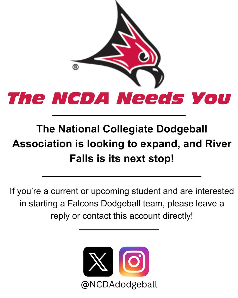 Calling all current and upcoming students!  You like dodgeball?  Create a club at your university!  Join the NCDA and throw balls at your friends--FOR FUN!

Women's teams also welcome!

#UWriverfalls #NCDA #Dodgeball #Clubsports