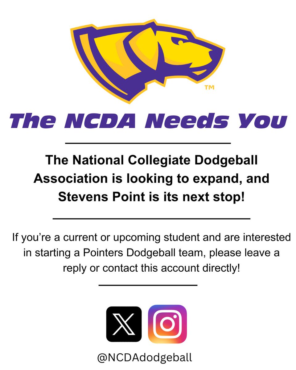 Calling all current and upcoming students!  You like dodgeball?  Create a club at your university!  Join the NCDA and throw balls at your friends--FOR FUN!

Women's teams also welcome!

#UWstevenspoint #NCDA #Dodgeball #Clubsports