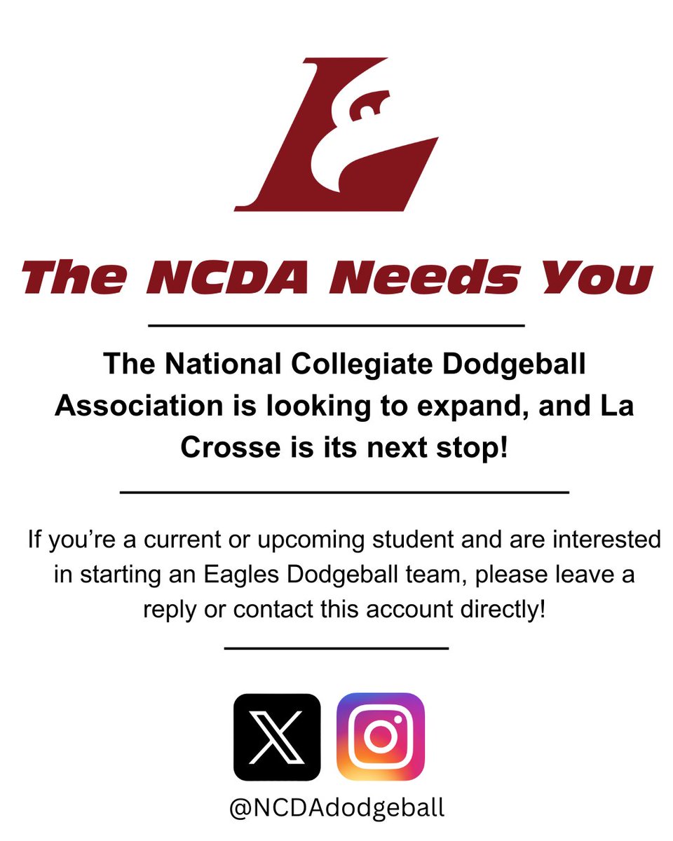 Calling all current and upcoming students!  You like dodgeball?  Create a club at your university!  Join the NCDA and throw balls at your friends--FOR FUN!

Women's teams also welcome!

#UWlacrosse #UWL #NCDA #Dodgeball #Clubsports