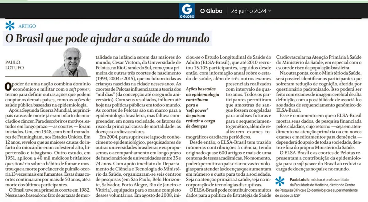 Paulo Lotufo (@paulolotufo) on Twitter photo A Epidemiologia como "softpower": o exemplo do ELSA-Brasil. Vinte anos desde o planejamento e 16 anos seguindo 15 105 voluntários. A consonância de seis universidades com o Ministério da Saúde e o MCTI. <a href="/nisia_trindade/">Nísia Trindade Lima</a> <a href="/MarciaCBBarbosa/">Marcia Barbosa</a> A Epidemiologia como "softpower": o exemplo do ELSA-Brasil. Vinte anos desde o planejamento e 16 anos seguindo 15 105 voluntários. A consonância de seis universidades com o Ministério da Saúde e o MCTI. <a href="/nisia_trindade/">Nísia Trindade Lima</a> <a href="/MarciaCBBarbosa/">Marcia Barbosa</a>