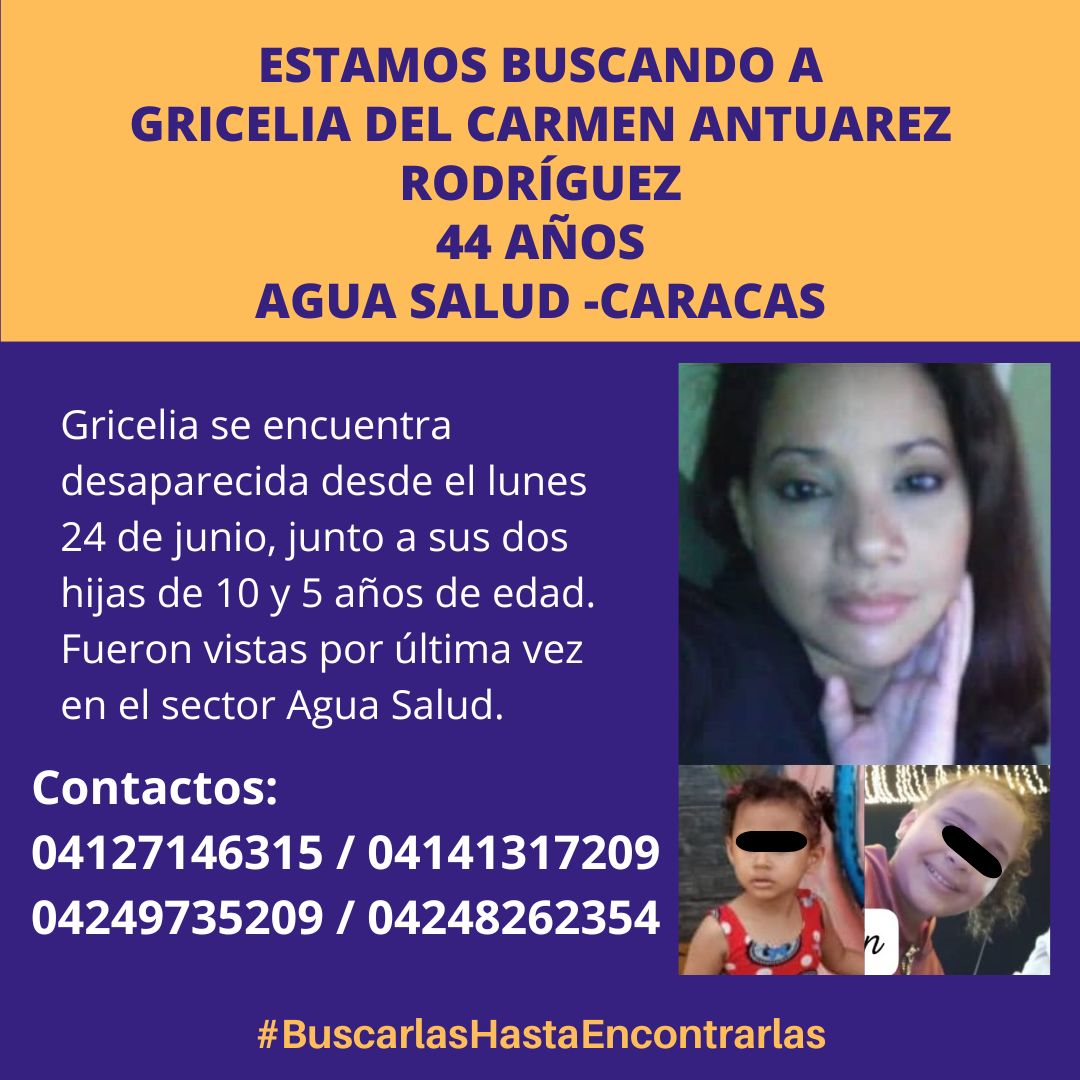 manuelita1504's tweet photo. Estamos buscando a Gricelia del Carmen Antuarez Rodríguez (44)
#Desaparecida desde el #24Jun en #Caracas, junto a sus 2 hijas de 5 y 10 años.
Vistas por última vez en el sector #AguaSalud
#BuscarlasHastaEncontrarlas
@TarekWiliamSaab
@DouglasRicoVzla
@PNBVzla
@CeballosIchaso1 https://t.co/5wXgY5Vhrj