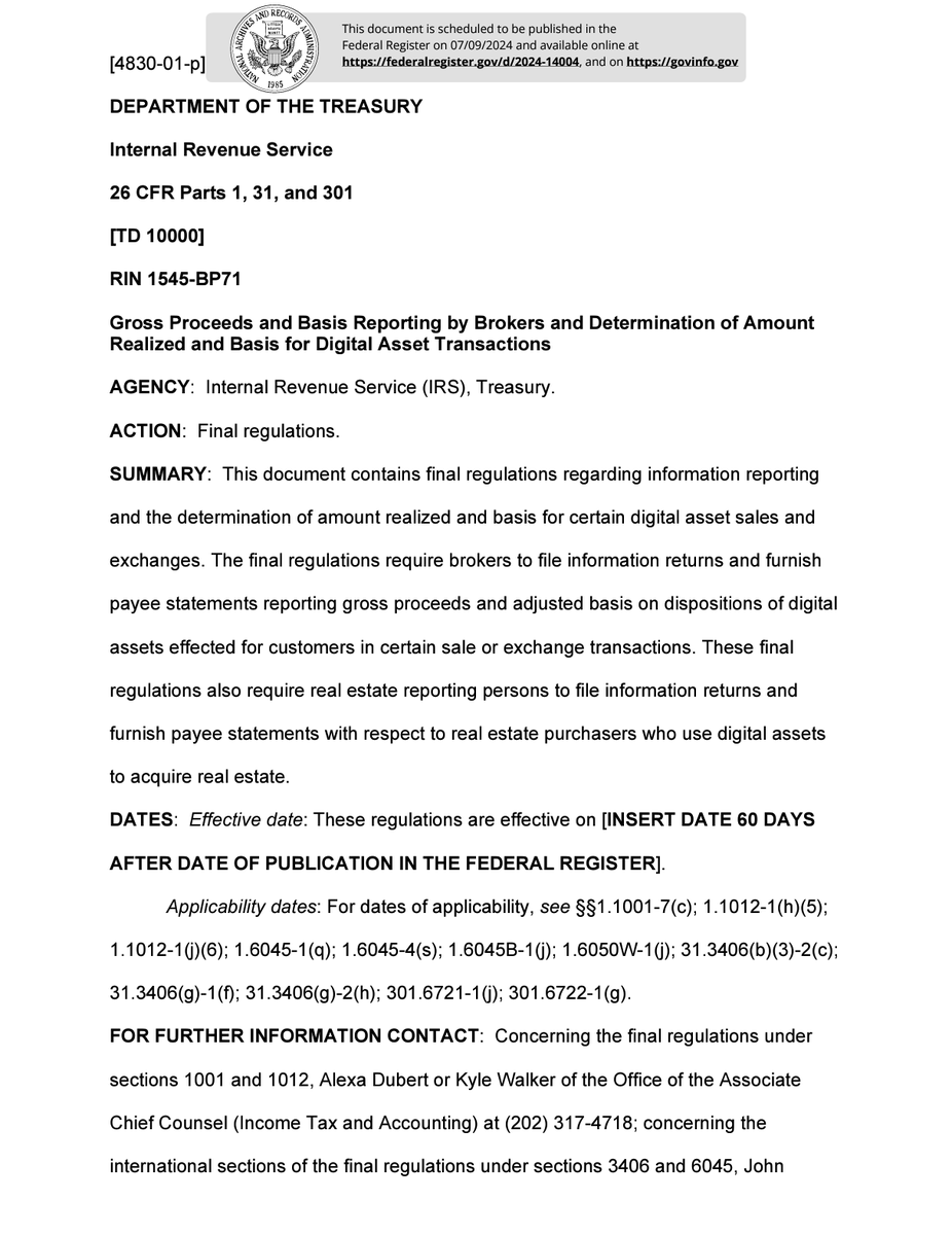 BillHughesDC's tweet photo. When it rains it pours.

IRS just dropped a final broker reporting rule on us - nice that they took it out with the Friday evening trash.  

It does NOT finalize rules pertaining to unhosted wallets and related non-custodial software offerings.  They say those offerings are still under review as possibly being brokers, and they will finalize their status later.  

Hold fast, frens.