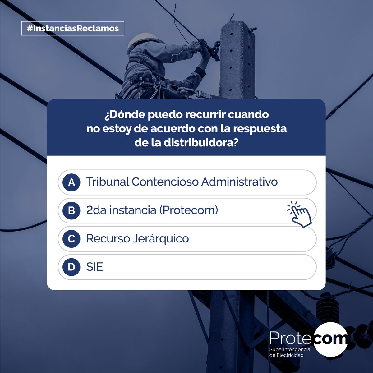 ¿Sabes cuándo debes dirigirte a Protecom? Si no estás satisfecho con los resultados emitidos por tu empresa distribuidora.

⚠️ Cuando la empresa distribuidora no te dé respuesta sobre tu reclamo dentro del plazo establecido en la normativa vigente.
