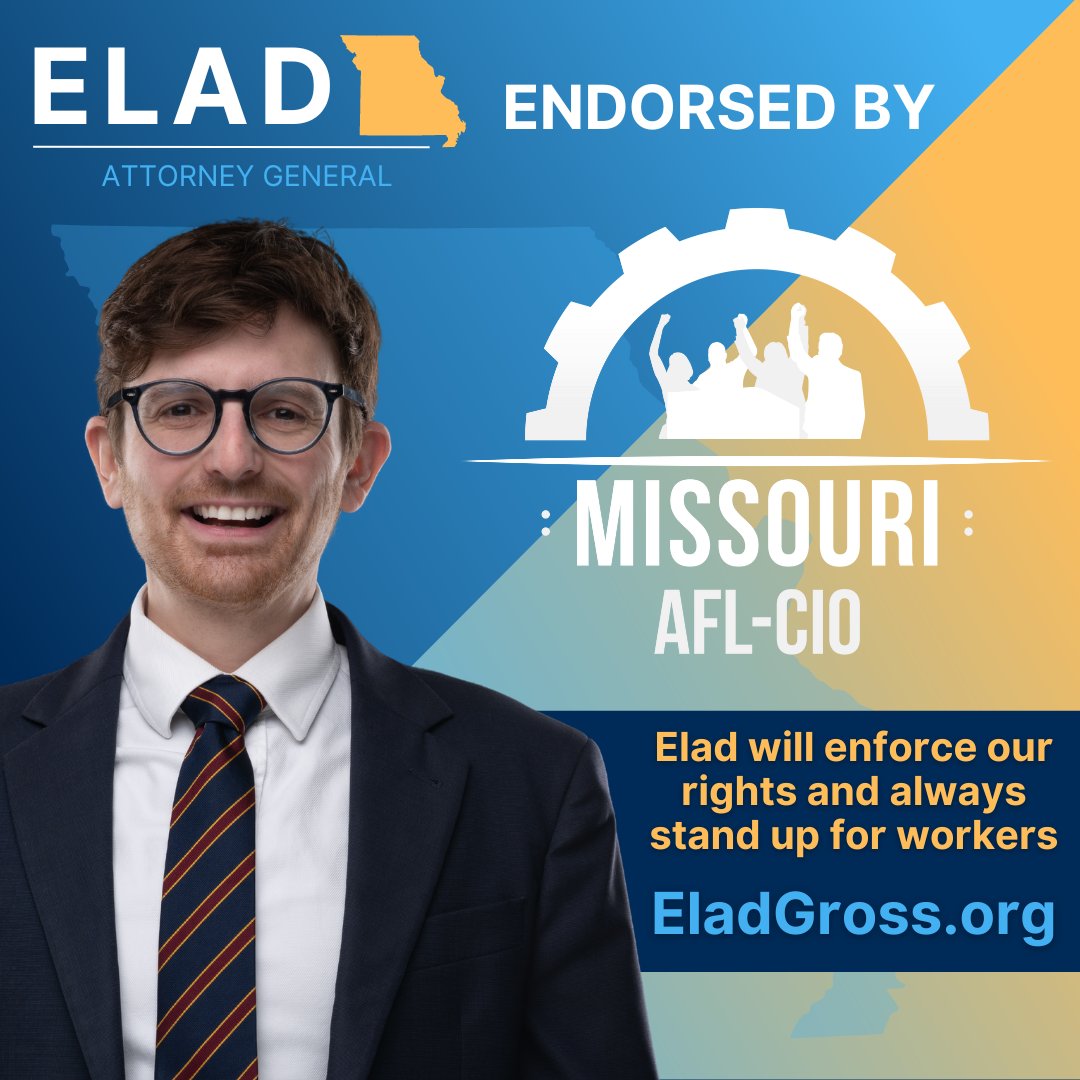 BigElad's tweet image. Proud to be the only candidate for Missouri Attorney General to receive the @MOAFLCIO endorsement for the August primary.

I will start Missouri's first Civil Rights Division, protect your rights on the job, and always stand up for workers.

EladGross.org
