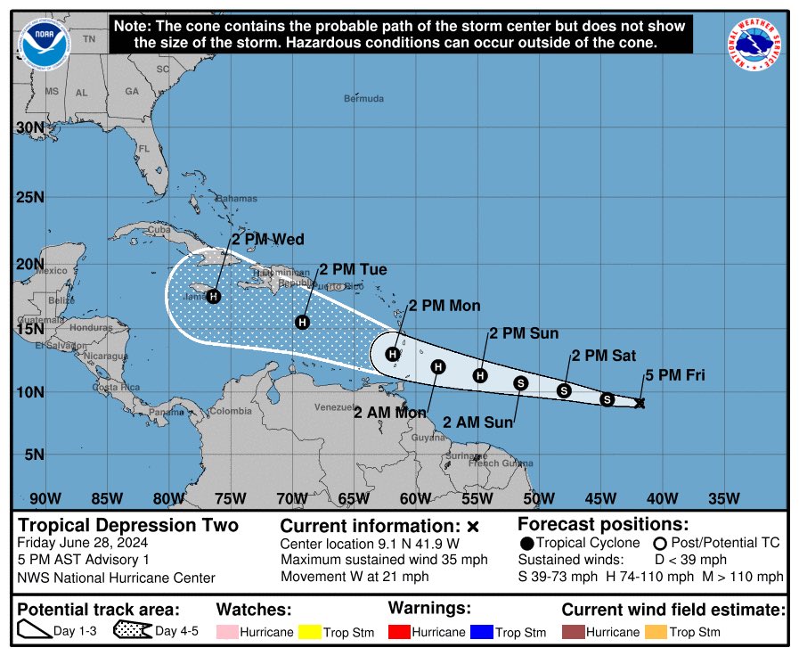 KevzPolitics's tweet image. #BREAKING 🚨: 5PM: Tropical Depression #2 forms 1,225 miles E of Barbados with 35 mph winds.

It is expected to be Tropical Storm Beryl tonight and will likely strengthen to a hurricane tomorrow - it is expected to pass over the Windwards late Sunday into Monday