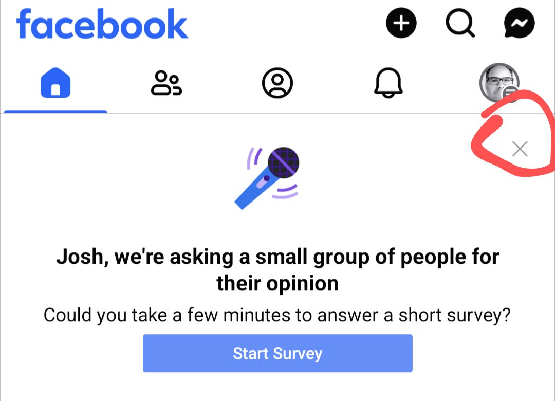 . <a href="/facebook/">Facebook</a> really wants me to participate in their survey. They have disabled the X in the prompt to dismiss the Ad!