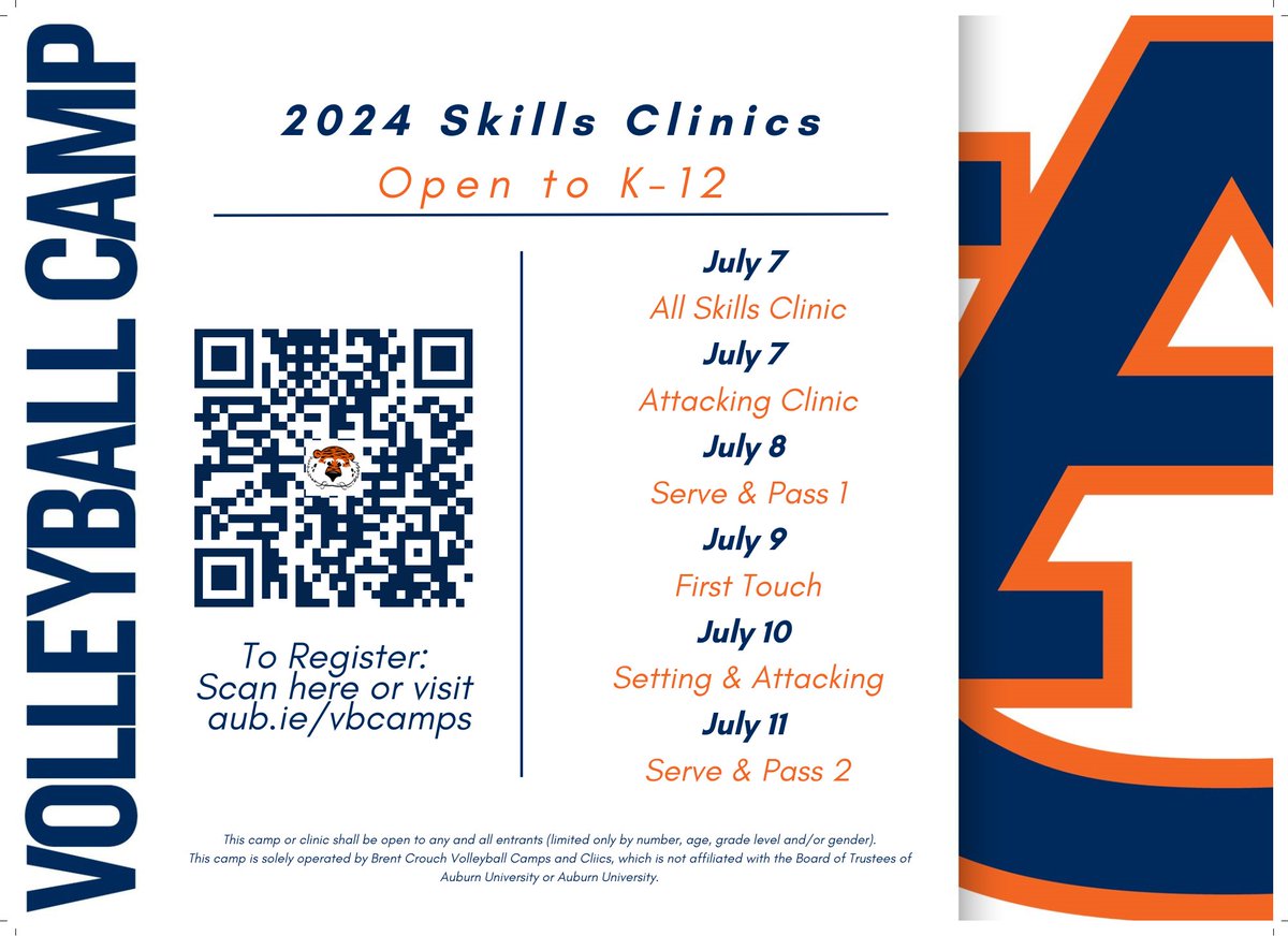 There are still spots remaining in our Skills Clinic! 

Do NOT miss out on this opportunity to fine-tune your abilities this summer! 

Register Now &gt;&gt; aub.ie/vbcamps

#WarEagle