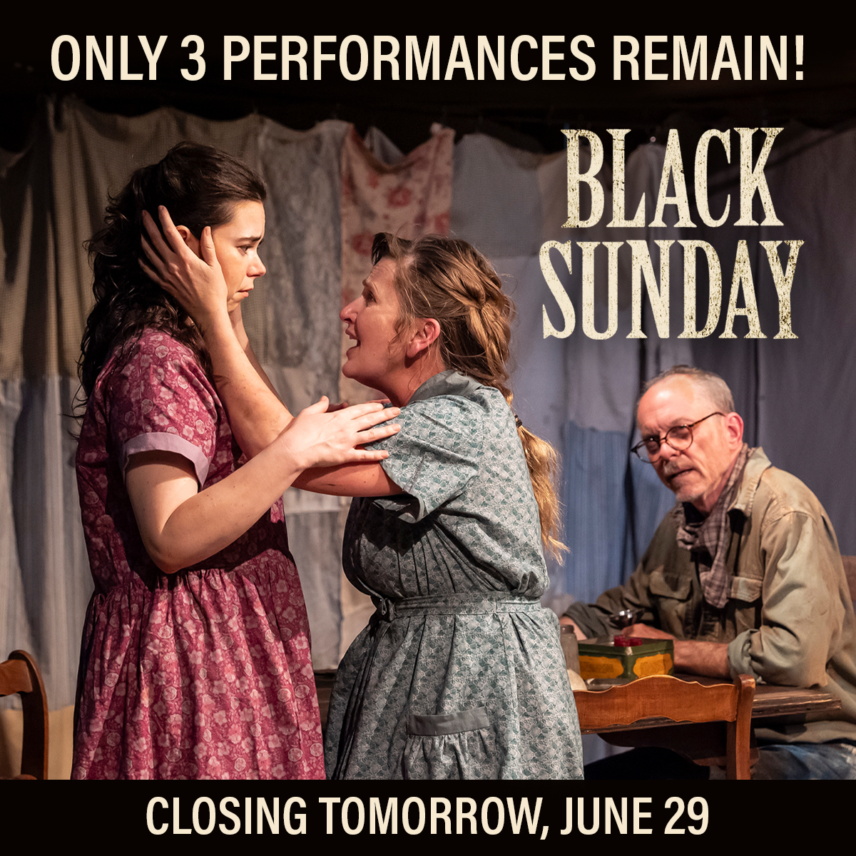 🚨 Only THREE more chances to catch BLACK SUNDAY before the show must close tomorrow evening, June 29! Don't miss your opportunity to see the final TimeLine production at our longtime home on Wellington. Get your tix before they're gone! &gt;&gt; timelinetheatre.com/black-sunday #ChicagoTheatre
