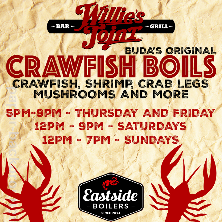 The crawfish are still looking great. 

Stop by Willie's Joint and grab some from Eastside Boilers.

Crawfish
Shrimp
Crab Legs
Oysters
and much more.
