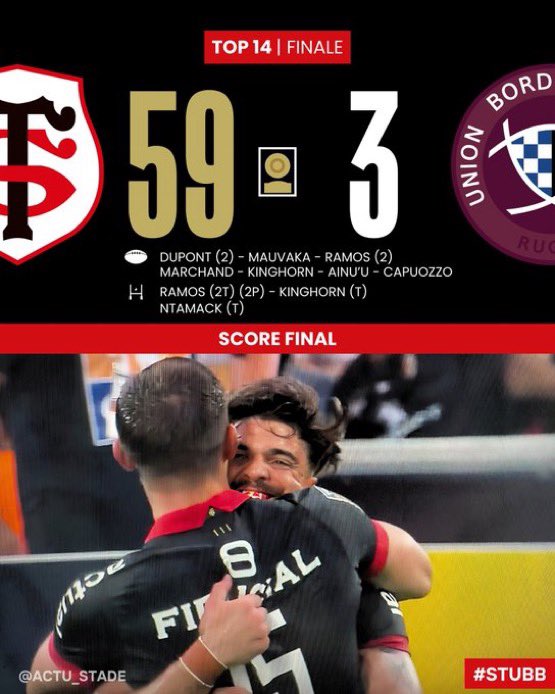 CHAMPION DE FRANCEEEEEEE ! Ce groupe est totalement fou. 59 points en finale , je pensais pas voir ca de mon vivant. Merci à ce club de rythmer notre année , et de nous faire vivre ça. 3 ème doublé de l’histoire du club , on est grand. #STUBB