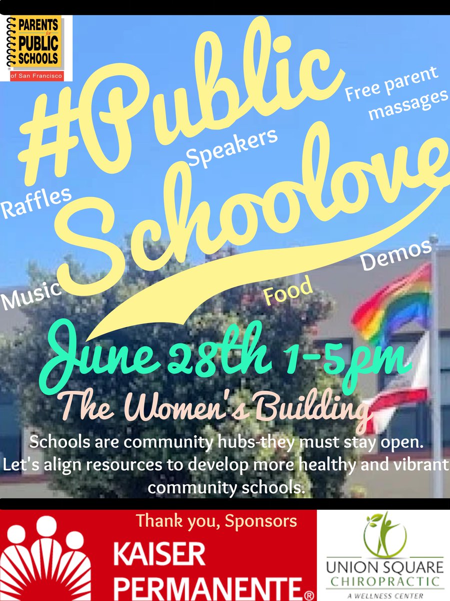 ppssf's tweet photo. Come out Now! Parents for Public Schools of San Francisco at our Summer Fair on June 28th 🎉 📍Location: The Women’s Building. Enjoy fun activities, meet the community, win raffles to Sephora, and restaurants, hear from speakers, get free wellness massages, and have fun! #PPSSF https://t.co/bO1VA7qmTj
