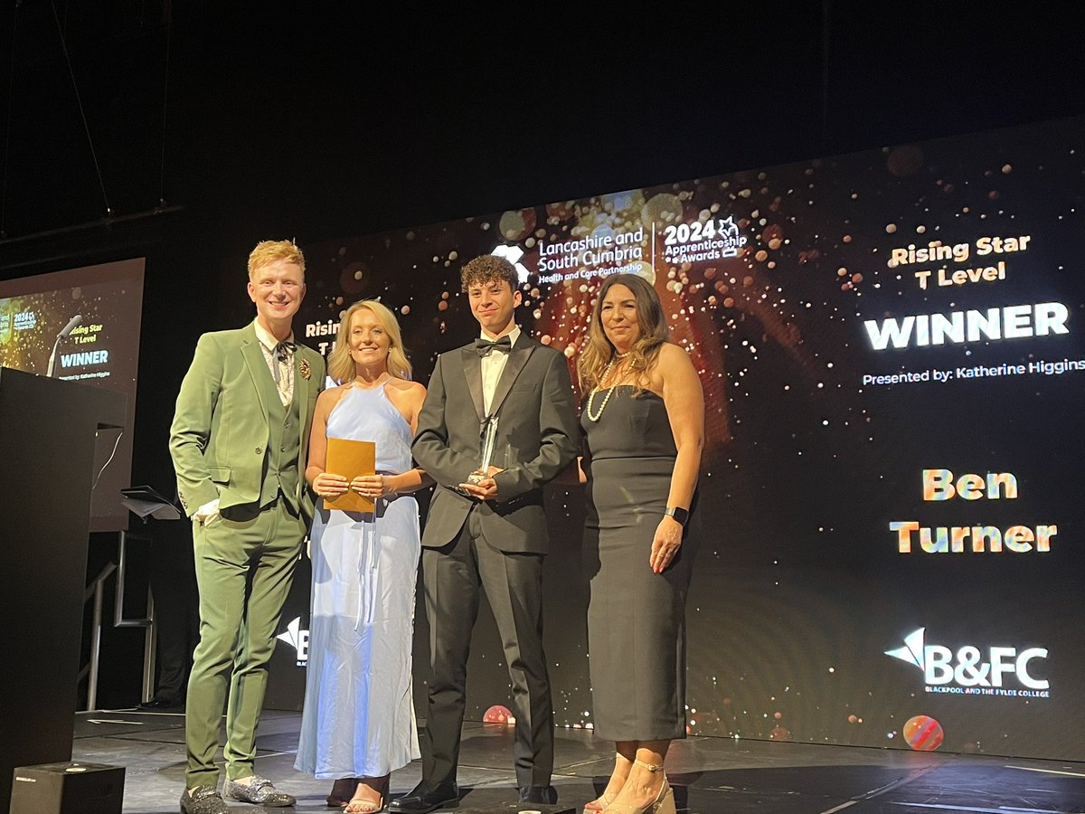 nhsappawards's tweet photo. The results are in for the Rising Star T-Level Award!  

Sponsored by Blackpool and The Fylde College
  
🏆 Winner: Ben Turner 
🌟 Highly Commended: Alexandra Rose Redfern  

A huge congratulations! 🌟🎉  

#LSC2024 https://t.co/BoTAOtKBDy