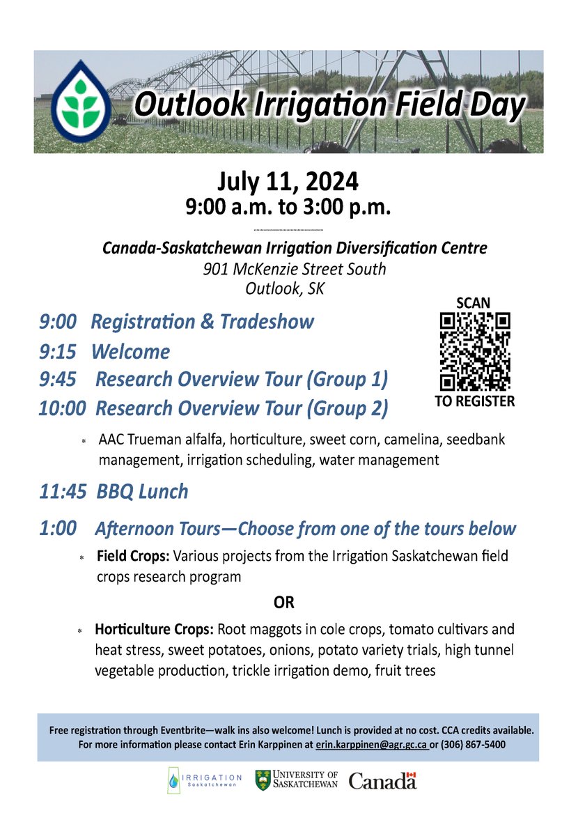 Attend the Outlook Irrigation Field Day on July 11 at the Canada-Saskatchewan Irrigation Diversification Centre!

For more info and to register:
eventbrite.ca/e/outlook-irri…