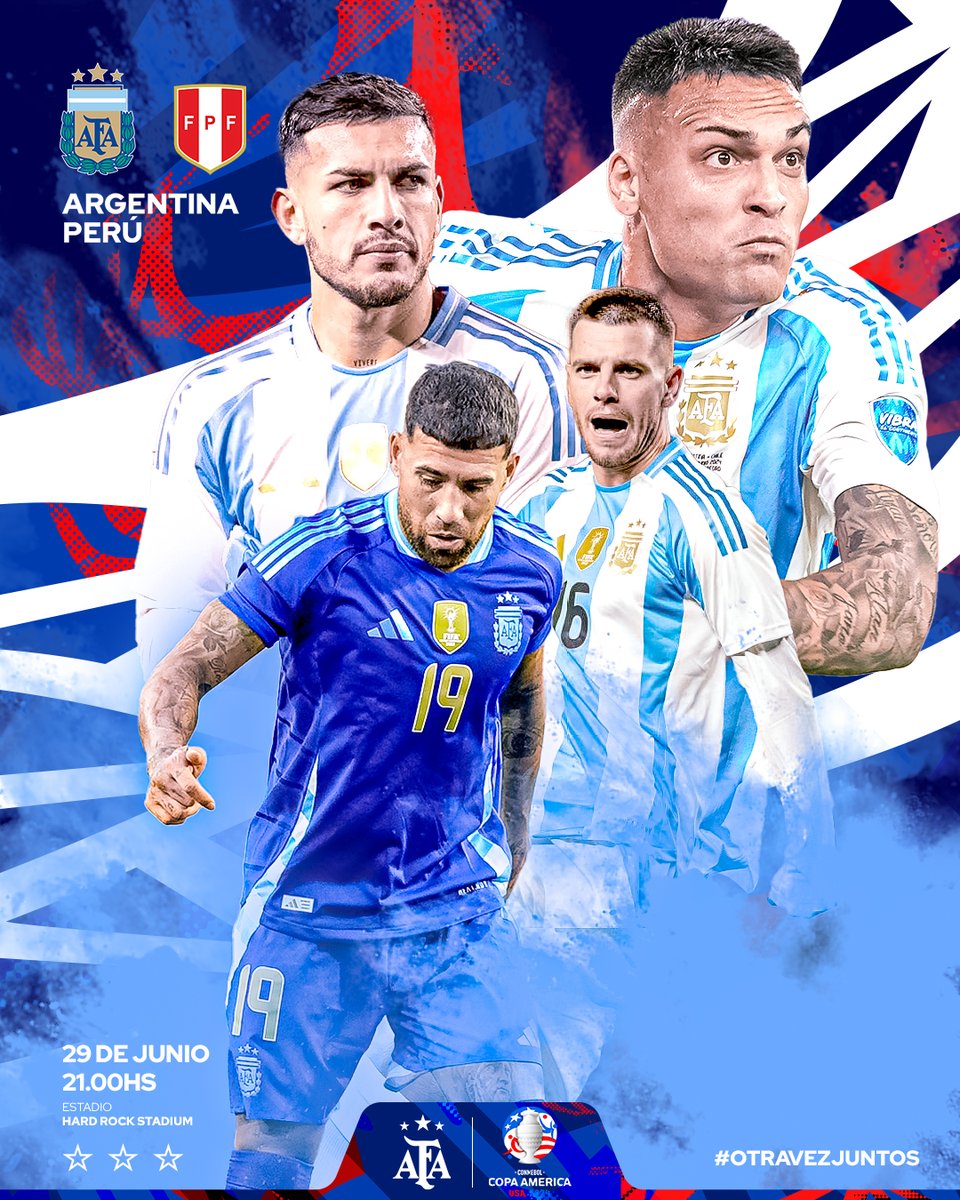 🏆 #CopaAmérica
🗓 Fecha 3  - Grupo A
⚽ <a href="/Argentina/">🇦🇷 Selección Argentina ⭐⭐⭐</a> 🇦🇷 - #Perú 🇵🇪 
⏱ 21.00
🧑‍⚖️César Ramos 🇲🇽
🏟  Hard Rock Stadium
📝 shorturl.at/BuDsk

#OtraVezJuntos 🩵🤍🩵